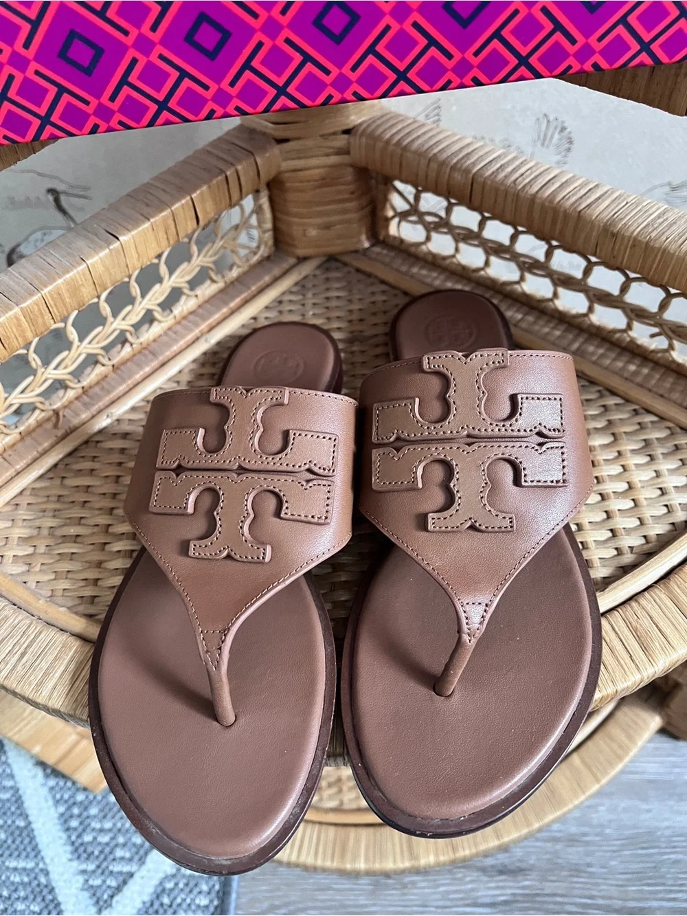 Tory Burch‎ Weston full logo thong sandals calf leather royal tan
